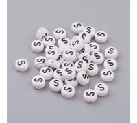 LiQunSweet Acrylic Letter Beads, Flat Round Alphabet Spacer Beads, White with Black Letters, 7x4mm, 1.2-1.8mm Hole, 100 Pcs, Letter S