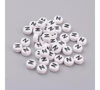 LiQunSweet Acrylic Letter Beads, Flat Round Alphabet Spacer Beads, White with Black Letters, 7x4mm, 1.2-1.8mm Hole, 100 Pcs, Letter N