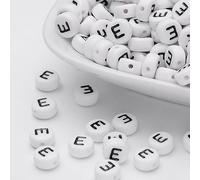 LiQunSweet Acrylic Letter Beads, Flat Round Alphabet Spacer Beads, White with Black Letters, 7x4mm, 1.2-1.8mm Hole, 100 Pcs, Letter E