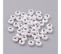 LiQunSweet Acrylic Letter Beads, Flat Round Alphabet Spacer Beads, White with Black Letters, 7x4mm, 1.2-1.8mm Hole, 100 Pcs, Letter V