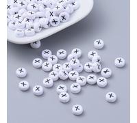 LiQunSweet Acrylic Letter Beads, Flat Round Alphabet Spacer Beads, White with Black Letters, 7x4mm, 1.2-1.8mm Hole, 100 Pcs, Letter X