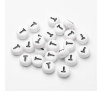 LiQunSweet Acrylic Letter Beads, Flat Round Alphabet Spacer Beads, White with Black Letters, 7x4mm, 1.2-1.8mm Hole, 100 Pcs, Letter T