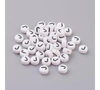 LiQunSweet Acrylic Letter Beads, Flat Round Alphabet Spacer Beads, White with Black Letters, 7x4mm, 1.2-1.8mm Hole, 100 Pcs, Letter J
