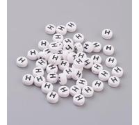 LiQunSweet Acrylic Letter Beads, Flat Round Alphabet Spacer Beads, White with Black Letters, 7x4mm, 1.2-1.8mm Hole, 100 Pcs, Letter H