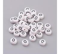 LiQunSweet Acrylic Letter Beads, Flat Round Alphabet Spacer Beads, White with Black Letters, 7x4mm, 1.2-1.8mm Hole, 100 Pcs, Letter O