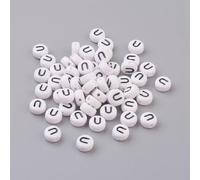LiQunSweet Acrylic Letter Beads, Flat Round Alphabet Spacer Beads, White with Black Letters, 7x4mm, 1.2-1.8mm Hole, 100 Pcs, Letter U
