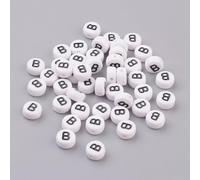 LiQunSweet Acrylic Letter Beads, Flat Round Alphabet Spacer Beads, White with Black Letters, 7x4mm, 1.2-1.8mm Hole, 100 Pcs, Letter B