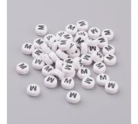 LiQunSweet Acrylic Letter Beads, Flat Round Alphabet Spacer Beads, White with Black Letters, 7x4mm, 1.2-1.8mm Hole, 100 Pcs, Letter M
