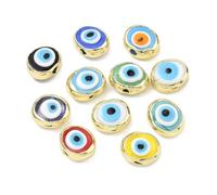 LiQunSweet Handmade Evil Eye Lampwork Glass Beads, Flat Round with Brass Rack Plating, Mixed Color, 20.5-21x16-17x9-12mm, 3.5-4mm Hole, 10 Pieces
