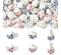 LiQunSweet Miniature Ceramic Tea Pot Cup Set Miniature Decoration, Floral Pattern, Pink and Blue, 12-18mm, 2mm Hole, 48 Pieces Set for Jewelry Making