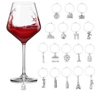 LiQunSweet Wine Glass Charms Set, 17 Styles World Landmarks Travel Theme, Antique Silver Alloy Charms with Brass Rings, 34 Pieces
