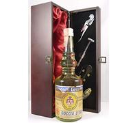 Liquore Goccia d'Oro Prodotti Levante 1950's in a silk lined wooden box with four wine accessories, 1 x 700ml