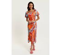Liquorish Abstract Print Midi Dress With A Square Neck And Low Back In Orange Orange