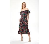 Liquorish Belted Midi Dress With Off Shoulder Sleeves In Black Based Floral Print Multi