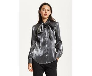 Liquorish Charcoal Metallic Pussybow Blouse In Grey Grey