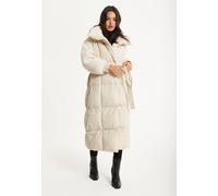 Liquorish Women's Cream Longline Belted Puffer Coat in White | Size: Medium/Large Liquorish White M/L
