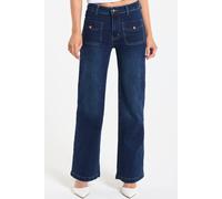 Liquorish Dark Wash Patch Pocket Flare Jeans In Navy Navy