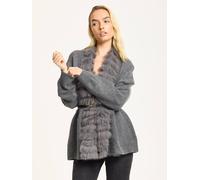 Liquorish Grey Faux Fur Trim Belted Cardigan Grey One Size
