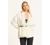 Liquorish Ivory Faux Fur Trim Belted Cardigan In White White
