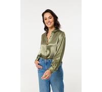 Liquorish Khaki Satin Long Sleeve Button-Up Shirt Khaki