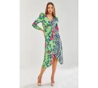 Liquorish Midi Dress In Floral And Animal Contrast Print With Waist Wrap Detail In Green Green 16