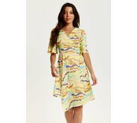 Liquorish Mini Abstract Print Wrap Dress In Yellow Yellow 14