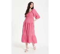 Liquorish Pink Puff Sleeve Stripe Midi Dress Pink One Size