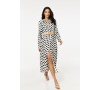 Liquorish Polka Dot Belted Midi Shirt Dress In Black Black