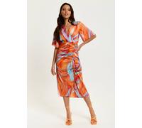Liquorish Rouching Detail Abstract Brush Stroke Print Midi Dress In Orange Orange 10