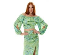 Liquorish Ruffle Long Sleeve Off The Shoulder Top With Sleeve Slits In Green Animal Green 8