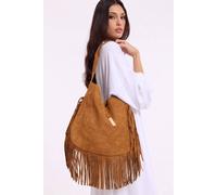 Liquorish Tan Suede Fringe Hobo Shoulder Bag In Brown Brown