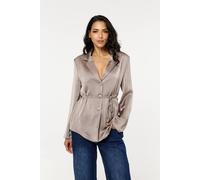 Liquorish Taupe Satin Belted Button Down Blazer Taupe