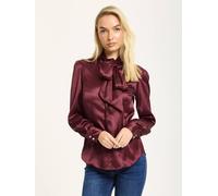 Liquorish Wine Satin Pussybow Silver Button Shirt In Burgundy Burgundy