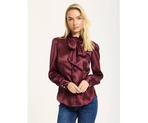 Liquorish Wine Satin Pussybow Silver Button Shirt In Burgundy Burgundy