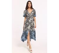 Liquorish Women's Blue Abstract Tropical Print Wrap Midi Dress | Size: 10 Liquorish Multicolor 10
