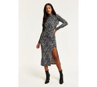 Liquorish Women's Brushed Knit Mono Zebra Print Midi Dress With Front Slit | Size: 12 Liquorish Multicolor 12