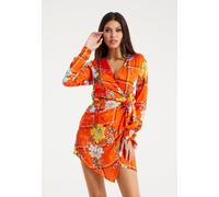 Liquorish Women's Checked Floral Print Mini Wrap Dress in Orange | Size: 16 Liquorish Orange 16