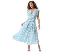 Liquorish Women's Cloud Print Midi Wrap Dress with Frill Sleeves in Blue | Size: 8 Liquorish Blue 8