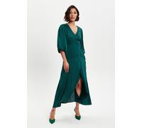 Liquorish Women's Dark Green Midi Wrap Dress With Short Puff Sleeves | Size: 8 Liquorish Green 8