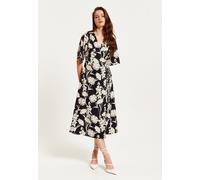 Liquorish Womens Floral Print Midi Wrap with Kimono Sleeves in Black Cocktail Dress, Black, 12 UK