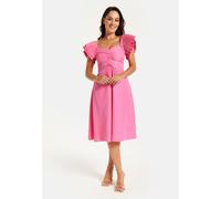 Liquorish Women's Frill Sleeves Midi Dress in Pink With Ruching Front | Size: 10 Liquorish Pink 10