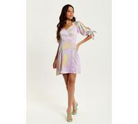 Liquorish Women's Mini Abstract Brush Stroke Print Dress With V Neck, Tie Back & Tie Sleeves In Lilac in Purple | Size: 10 Liquorish Purple 10