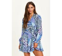 Liquorish Women's Mixed Animal Print Mini Wrap Dress With Long Sleeves In Blue | Size: 8 Liquorish Blue 8