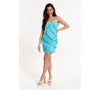 Liquorish Women's Turquoise Striped Ruffled Mini Dress in Blue | Size: 12 Liquorish Blue 12