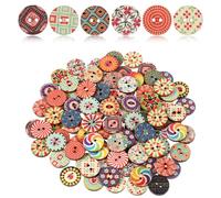 LIQWEI 100 Pcs Mixed Vintage Wooden Buttons, 15mm Craft Buttons Assorted Flower Button with 2 Holes, Round Sewing Decorative Button for DIY Clothes Sewing Craft Decorative Handmade Projects