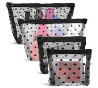 LIQWEI 4 PCS Heart Printed Mesh Makeup Bag Set, White & Black Mesh Makeup Bag with Zipper Lipstick Accessories Organizer Mini Travel Organizer Bags for Women, black, 2 Small 2 Medium, Fashion