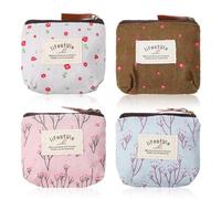 LIQWEI 4Pcs Mini Makeup Bag, Linen Floral Small Makeup Bag Portable Small Zipper Pouch Cute Fabric Mini Cosmetic Bags for Girl Women