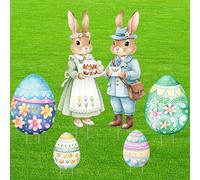 LIRAVENO Easter Yard Decorations Outdoor - 6 Pcs Vintage Easter Decor Large Bunny and Egg Signs with Stakes for Kids Family Outside for Garden Lawn Patio 31.5 Inches Hunt Game Party Supplies Props