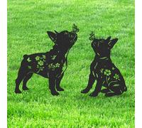 LIRAVENO French Bulldog Garden Decor - 2 Pcs Metal Animal Statue Gifts Set for Dog Lover Black Yard Stakes Decorations with Butterfly Flower Silhouette Outdoor Sign Patio Lawn Pathway Art Ornaments