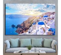 LIRHIQYGF Santorini Greece Canvas Wall Art, Blue Dome Building Seascape Poster, Modern Home Decoration(70x90cm/NO fraze)